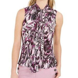 Bar III Tie-Neck Sleeveless Blouse Purple Lilac White Black Print Women's Size M